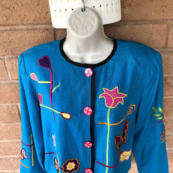VTG Draper's & Damon's Button Up Jacket Applique Flowers Butterflies Petite M - Picture 2 of 11